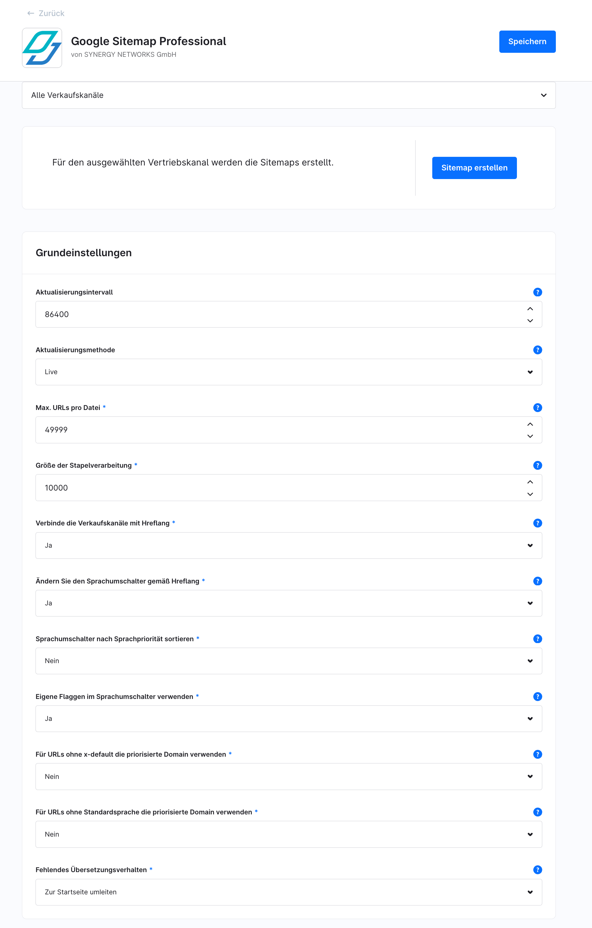 Impostazioni di base del plugin con metodo di aggiornamento, intervallo di aggiornamento e numero massimo di URL per file