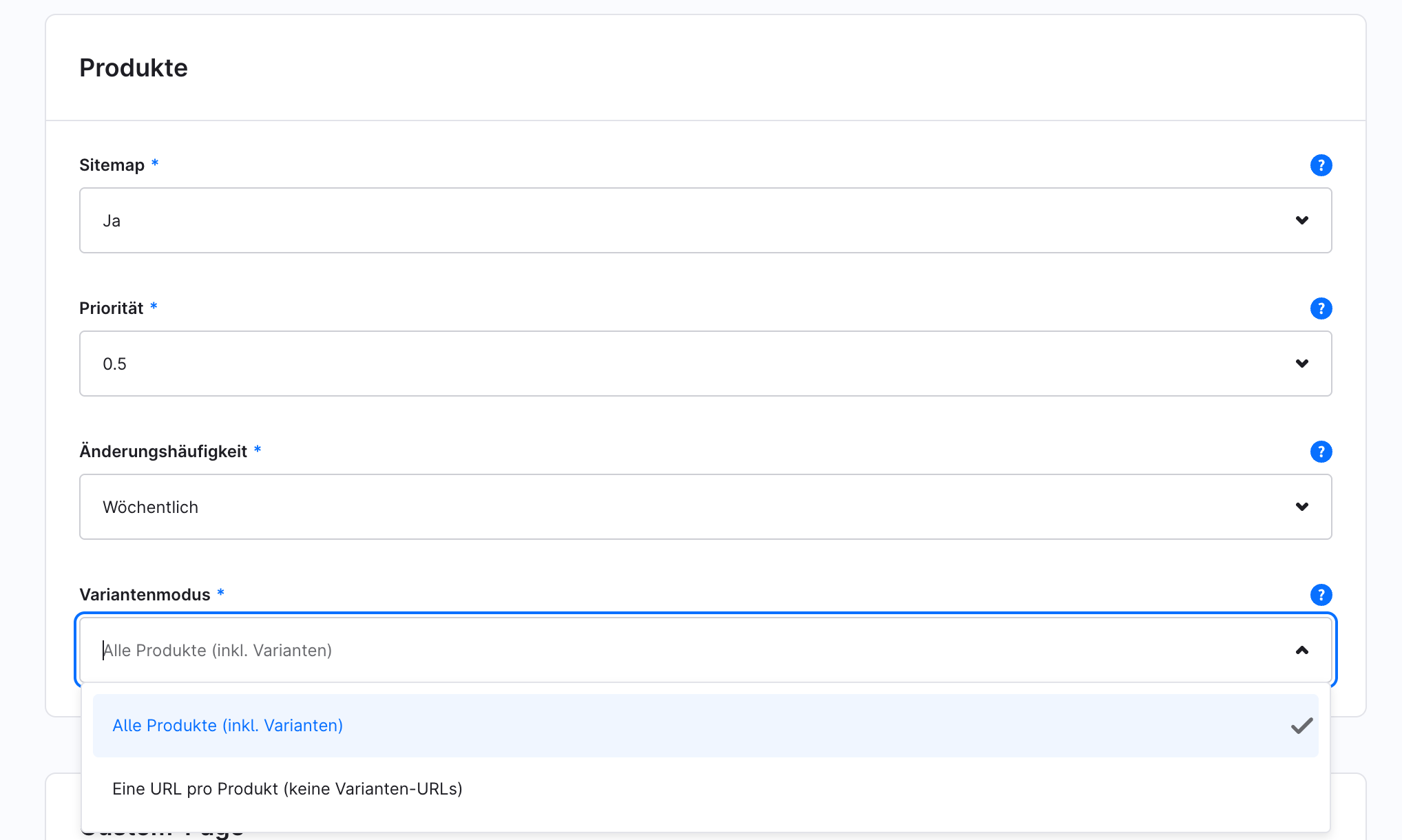Selezione della modalità varianti nella configurazione del plugin: tutti i prodotti incluse le varianti o un URL per prodotto