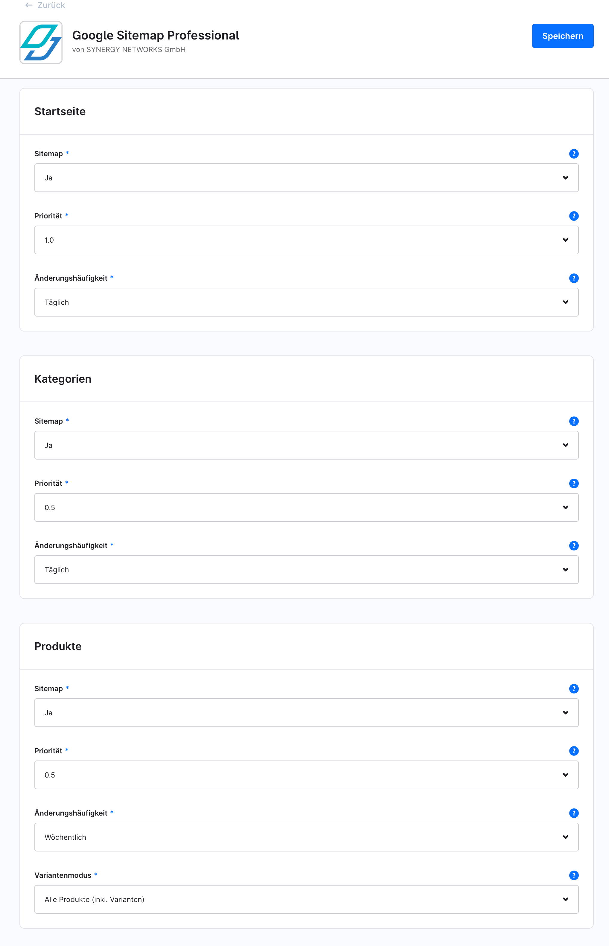 Impostazioni della sitemap per tipo di contenuto nella configurazione del plugin: homepage, categorie e prodotti con priorità e frequenza di modifica